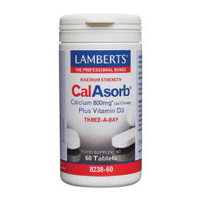 Lamberts CalAsorb® Calcium 800mg 60 Tablets in a white plastic tube; this supplement provides calcium in the citrate form, which is believed to be one of the most easily absorbed compounds of calcium. Each three-tablet serving provides a full 800 mg of calcium, which is the recommended daily allowance, plus 6 mcg of Vitamin D3.