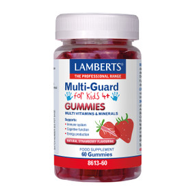 Lamberts Multi-Guard® Gummies For Kids - 60 gummies in a transparent bottle with white label & cap; Lamberts Multi-Guard® Gummies for Kids are a tasty and convenient way to support your child's healthy growth and development, providing essential vitamins and minerals in every gummy.