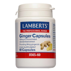 Lamberts Healthcare Ginger Capsules - 14,400-mg 60-Capsules white tub; a high strength ginger supplement to help digestion, alleviate joint pain, and travel sickness.
