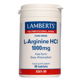 Lamberts Healthcare L-Arginine HCl - 1000-mg 90-Tablets white tub; provides 1000mg of the amino acid L-arginine for its multi-faceted benefits within the body.