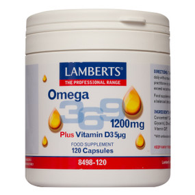 Lamberts Healthcare Omega 3,6,9 Plus Vitamin D3 - 120-Capsules white tub; as exceptional levels of omega 3, 6 and 9 and also includes a full 5µg of vitamin D