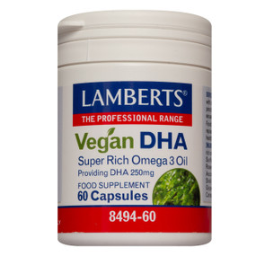Lamberts Healthcare Vegan DHA - Super Rich Omega 3 Oil - 60-Capsules white tub; super rich Omega 3 Oil is derived from a unique plant-based form of DHA suitable for vegans