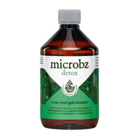 Detox Probiotic Liquid 475ml in a brown plastic tube with a white & green label.  With 15 strains of live probiotics and liver-supporting herbs, Microbz Detox supports liver health, natural detoxification, and gut health.