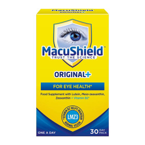 MacuVision Europe MacuShield™ Original+ 30 Capsules in a yellow cardboard box - 30-Capsules front image; contains lutein, zeaxanthin & meso-zeaxanthin to support normal eye vision.