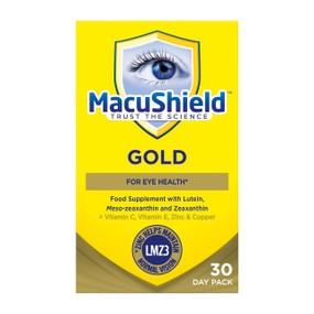 MacuVision Europe MacuShield Gold: 90-Capsules in a cardboard yellow box; provides a fortified MacuShield Original supplement with added vitamins and minerals to maintain normal vision
