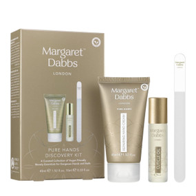 Margaret Dabbs London PURE Hands Discovery Kit - 1-Pack front image with gold lotion tube,  glass oil bottle and nail file; travel-size versions of the Margaret Dabbs London Repairing Hand Cream, their Crystal Nail File, and the Pure Cuticle Oil, all in one beautiful package