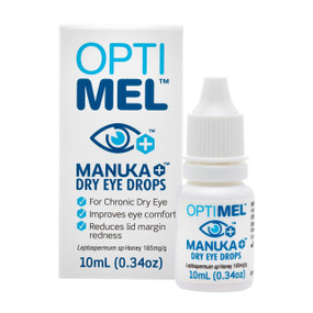 Melcare Optimel Manuka Honey Eye Drops - 10-ml white box and white dropper bottle; helps to improve symptoms of dry eyes, sore eyes, irritated eyes and eyelids