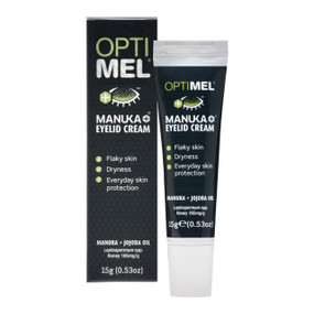 Melcare Optimel Manuka+ Eyelid Cream - grey carton box and 15-Grams grey eye cream tube with white cap; helps to relieve dry, flaky skin around the eyes caused by common eye problems such as blepharitis due to seborrheic dermatitis, rosacea, and eczema