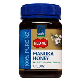 Manuka Health Manuka Honey MGO400 (20+) 500-grams - blue glass jar with blue lid and white and gold label; he only honey to have been tested by scientists to show its MGO (methyglyoxal) content – a powerful antibacterial agent used to treat digestive complaints, skin conditions, wounds, gum disease, and sore throats