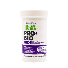 Natures Plus GI NUTRA® Pro Bio Kids - 30-Chewables white plastic tub; provides 16 unique strains and 7 billion live bacteria that support child’s healthy gut function.