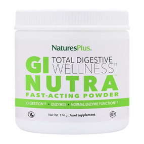 NaturesPlus GI NUTRA® Drink Powder 174g in a white plastic tub; is a unique blend of probiotics, prebiotics, digestive enzymes, and supportive nutrients, as well as soothing ginger and turmeric, and provides all-round digestive comfort and support