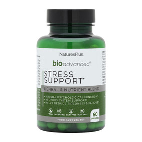 NaturesPlus BioAdvanced® Stress Support 60 capsules in a green plastic tub; is a natural stress remedy with whole food-based blend of nutrients and botanicals designed to support you through tough times and provide the physiological and mental support