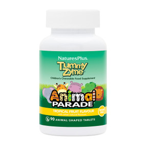 Animal Parade® Tummy Zyme Children's Chewables - 90 animal shaped tablets in a white plastic tub;  provides powerful children's digestive enzymes like amylase, lipase, cellulase, and protease that help the body break down the components of a meal, like fats, fibres, protein, and carbohydrates