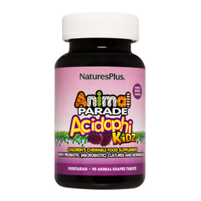 Natures Plus Animal Parade AcidophiKidz Berry Flavour - 90-Chewable Tablets black bottle with white lid and animal design label; Berry Flavour childrens chewable tablets delivers friendly intestinal flora which provide the healthful benefits associated with gastrointestinal balance as well as the probiotic B. coagulans