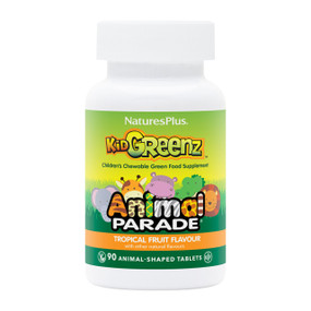 Natures Plus Animal Parade KidGreenz Children's Chewables - 90-Tablets white tub with animal design label; provides benefits of high energy, phytonutrient rich green superfoods from land and sea in delicious chewable tablets.