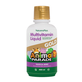 Natures Plus Animal Parade Gold Liquid Children's Multivitamin - 480-ml white plastic bottle with gold lid and animal design label;  provides a full spectrum of multivitamins for children in a delicious liquid supplement