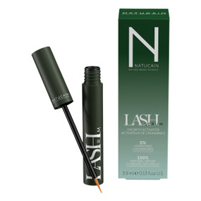 Natucain Lash Serum - green box and 3.9-ml dark green tube with eyelash brush; stimulates eye lash growth without side effects.