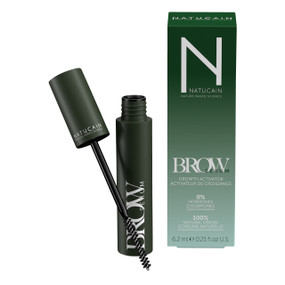 Natucain Brow Serum - green box and 6.2-ml dark green tube with eyebrow brush - an eyebrow growth serum without hormones or chemicals.