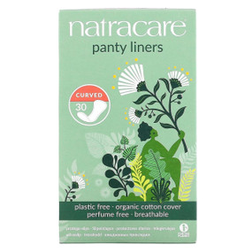 Natracare Panty Liners Curved - 30-Pack box; made from organic cotton, flexible, soft, absorbent, and shaped for extraordinary comfort