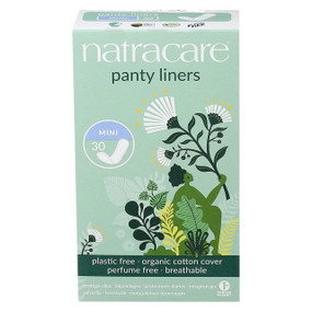 Natracare Mini Panty Liners - 30-Pack box; Mini panty liners are daily panty liners, straight cut, small style with a breathable organic cotton cover next to the skin