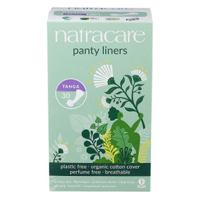 Natracare Tanga Panty Liners - 30-Pack box; especially for thongs and g-string underwear. Tanga liners are sleek and slim fitting, with wings for extraordinary everyday comfort