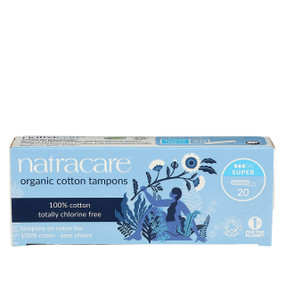 Natracare Organic Tampons Super 20-pack - box; super absorbency organic tampons  designed to gently absorb menstrual flow and expand widthways