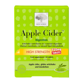 New Nordic High Strength Apple Cider 60 tablets, front image; combined with Dandelion which may help maintain a normal body fluid balance and artichoke extract which may help maintain a healthy digestion