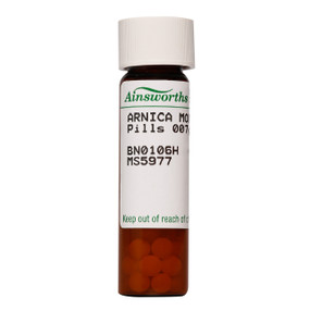 Ainsworths Arnica Montana 200c - 7-Grams bottle; tablets are used for a pattern of symptoms: bruising, pain during childbirth, post pregnancy, soreness, injury, shock, trauma, smelly breath, not wanting to be touched.