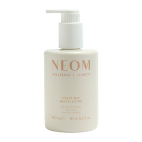 Neom Great Day Hand Lotion 300ml off-white plastic tube and white pump; deeply nourishes your hands in minutes and hydrates your skin