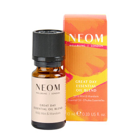 Great Day Essential Oil Blend 10-ml amber glass bottle with pink label and black cap and 10-ml orange & yellow carton box; expertly blended to boost your mood