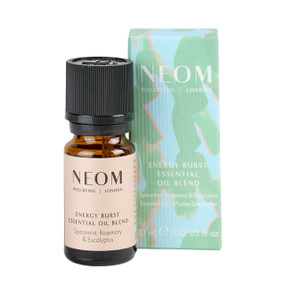 Neom Energy Burst Essential Oil Blend 10-ml amber glass bottle with pink label and black cap and 10-ml blue & green carton box; expertly blended to stimulate the sensed and superpower your day