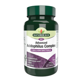 Natures Aid Advanced Acidophilus Complex -green plastic bottle with green lid and white label; help support the good bacteria that form your 'Microbiome'