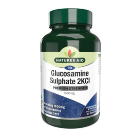 Natures Aid Glucosamine Sulphate 2KCl 1500mg - 90-Tablets bottle; Glucosamine has been shown to be an important building block needed by the body to manufacture specialised molecules called glycosaminoglycans, found in cartilage and other structural connective tissue. Acts like a liquid magnet stimulating the uptake of fluid and nutrients into the cartilage