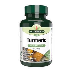 Natures Aid High Potency Turmeric 8200mg - 60-Capsules green plastic bottle with green lid and white label; contains both an extract with a higher curcumin content, plus a whole herb turmeric.