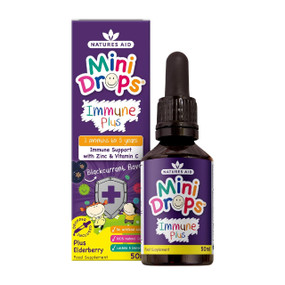 Natures Aid Immune Plus Mini Drops - 50-ml bottle & purple carton box; this delicious, fuss-free liquid supplement is specially formulated to support the immune system of infants and children aged 3 months to 5 years.