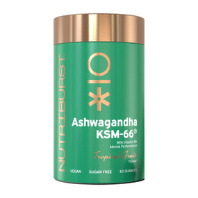 Nutriburst Ashwagandha KSM-66® - 60-Gummies in a clear green plastic jar with gold cap and green label; can decrease stress, increase energy levels, improve concentration levels, lower cholesterol, and balance blood sugar.