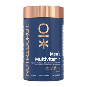 Nutriburst Men’s Multivitamin 60 gummies in a blue plastic jar with gold cap; is a vegan and sugar-free multivitamin supplement tailored to support men's overall health and well-being
