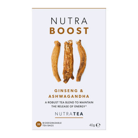 NutraTea NutraBoost Tea - 20-Tea Bags in a white & brown carton box; designed to raise your energy levels and leave you feeling refreshed.