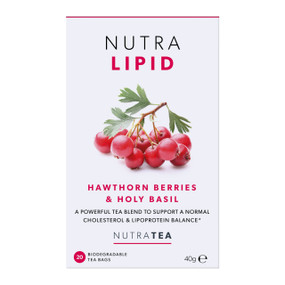 NutraTea NutraLipid Tea - 20-Tea Bags in a white & pink carton box; a powerful herbal tea blend to help combat high cholesterol.