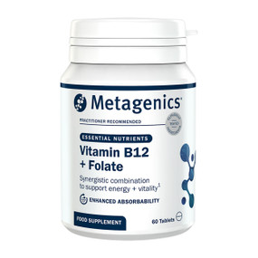Nutri Advanced Vitamin B12 + Folate 60 tablest in a white & blue tube with ;  Contains methylcobalamin, 5-MTHF, and folic acid, which support energy, mental clarity, and nervous system function.