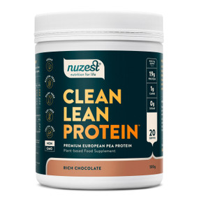 Nuzest Clean Lean Protein -Rich Chocolate - 500-Grams white tub with green label; Contains all nine essential amino acids and provides the building blocks for vitality, repair, recovery and muscle growth and particularly high in glutamine – an amino acid that is essential for post-exercise recovery and the prevention of muscle loss as we age