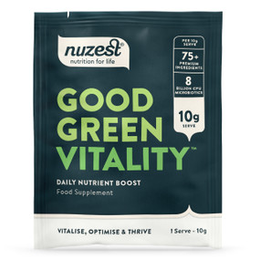 Nuzest Good Green Vitality Single Serve Sachet - 10-Grams dark green box; helps improve immunity and memory, reduce stress and boost your metabolism.