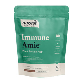Nuzest Protein Plus Immune Amie 250g pouch in white & green; this chocolate-flavoured pea protein drink with microbiotics, adaptogens, mushrooms, and vitamins to support daily immune health.