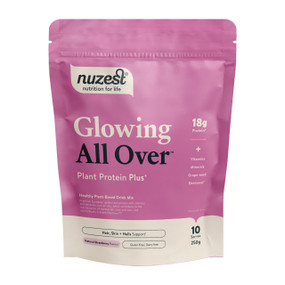 Nuzest Protein Plus Glowing All Over 250g in a white & pink pouch; Support healthy hair, skin & nails with Nuzest Glowing All Over, a vegan collagen & protein powder for glowing, youthful beauty from within