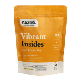 Nuzest Protein Plus Vibrant Insides 250g in a white & orange pouch. Support your gut, digestion, and immune system daily with this Nuzest Protein powder. This vegan protein helps maintain digestive balance, promotes nutrient absorption, and contributes to overall gut health.