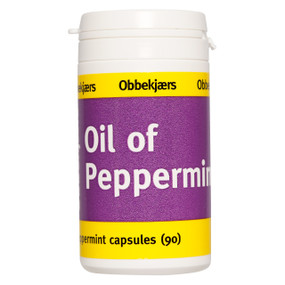Obbekjaers Peppermint Capsules - 90-Capsules white plastic bottle and purple label; helps to relieve an acidic stomach, nausea & IBS symptoms
