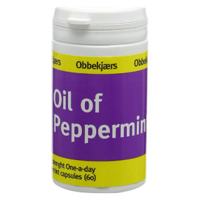 Obbekjaers Peppermint Capsules Extra Strength - 60 + 15-Capsules white plastic bottle with purple label; provides 200-mg of oil of peppermint in a one-a-day capsule to relieve the symptoms of IBS