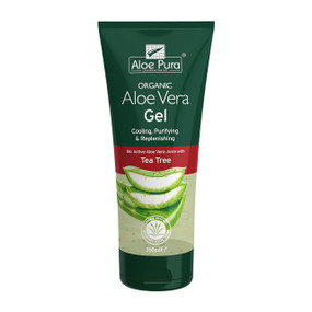 Organic Aloe Vera Gel with Tea Tree 200ml in a green plastic tube,  a soothing gel to soften & restore dry skin problems  including eczema, psoriasis, stretch marks & scars.