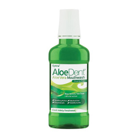 Aloe Dent Aloe Vera Mouthwash - 250-ml transparent plastic bottle with white cap; cleans, protects and freshens breath and is suitable for the whole family