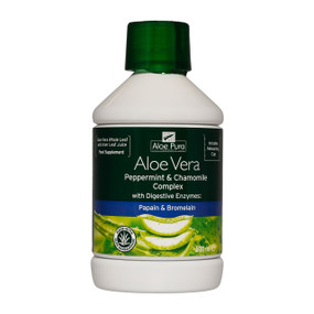 Aloe Pura Aloe Vera Peppermint & Chamomile Juice - 500-ml white plastic bottle with green label; helps to sooth an upset gut & to relieve constipation.